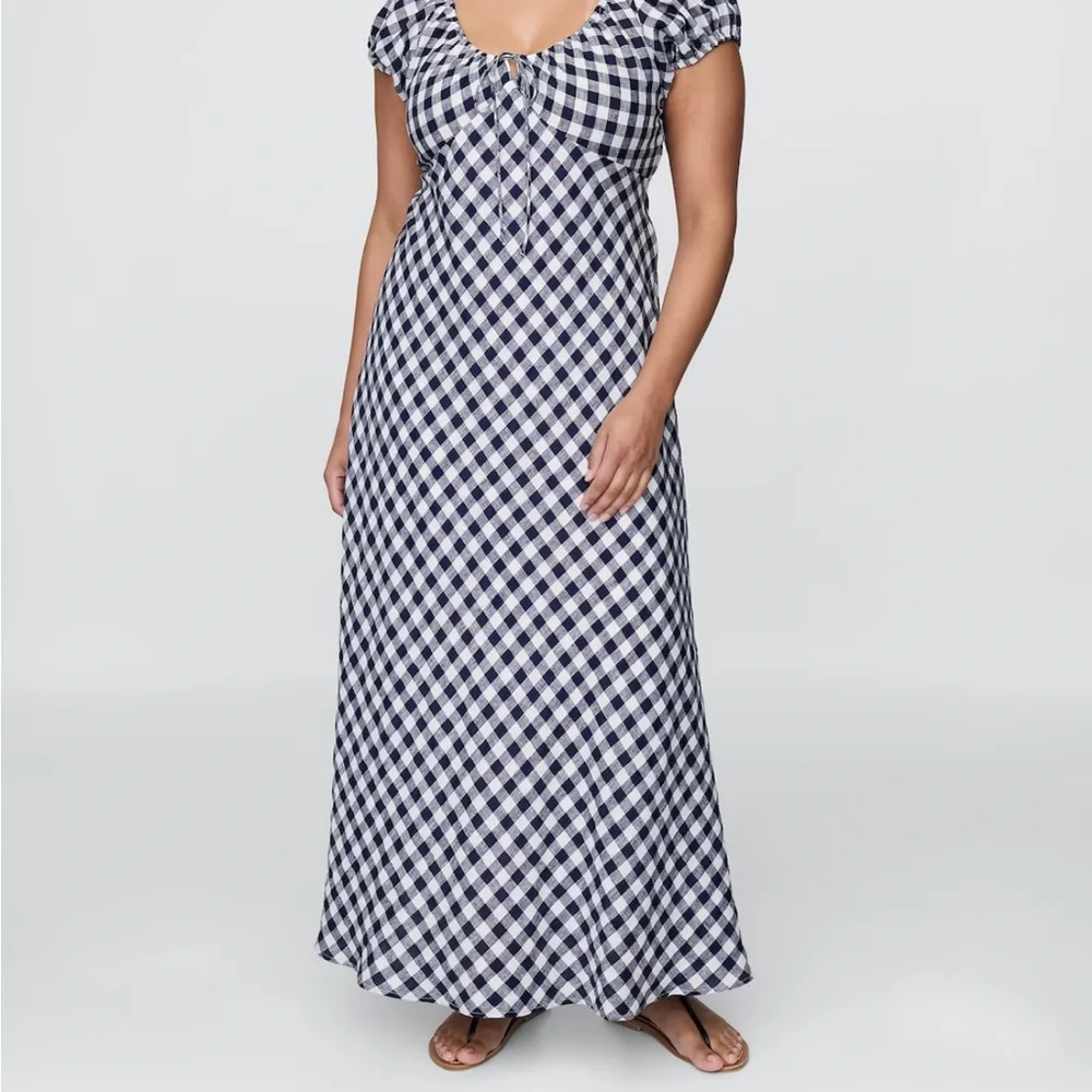 DOEN Navy Gingham Midi Dress - Women's Cap Sleeve Maxi - Picture 4 of 7